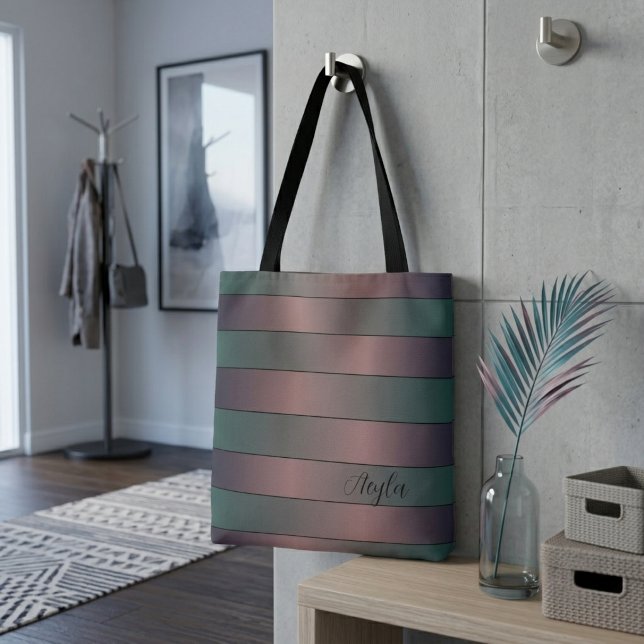 Tote Bag Moderne Élégant Mauve Et Teal Monogram Rayures  (Créateur téléchargé)