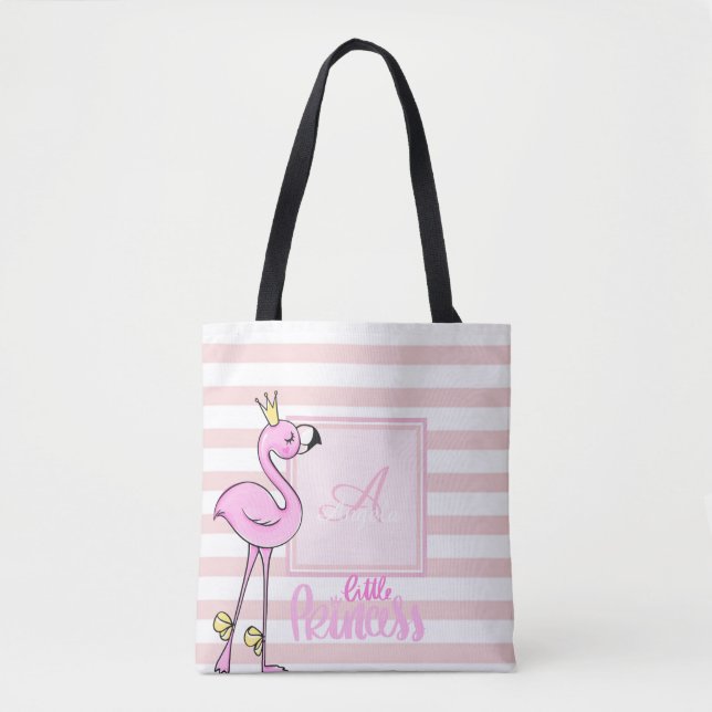 Tote Bag Moderne fille rose flamant,rayé,monogramme (Devant)