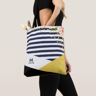 Tote Bag Moderne Floral Gold Foil et Marine Blue Stripe Sty