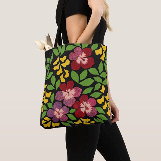 Tote Bag Moderne Floral Rouge Vert et Jaune  (De près)