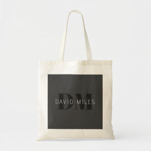 Tote Bag Moderne gris foncé et noir Nom et monogramme modif