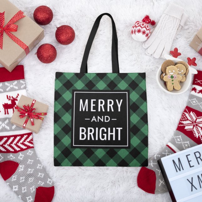 Tote Bag Moderne Joyeuse et Lumineuse Plaid Vert de Fêtes (Créateur téléchargé)