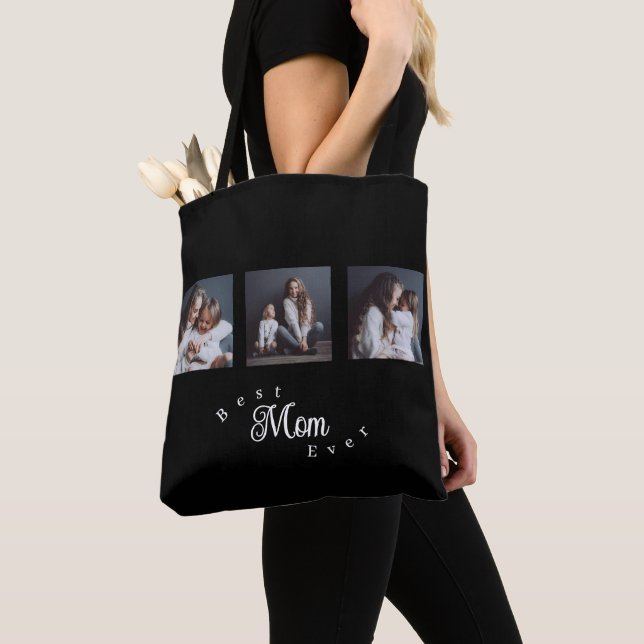 Tote Bag Moderne Meilleure Maman Élégant Script Noir 3 Phot (De près)