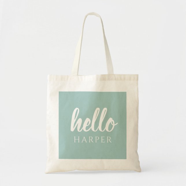 Tote Bag Moderne Minimale Vert Et Blanc Bonjour Et Vous Nom (Devant)