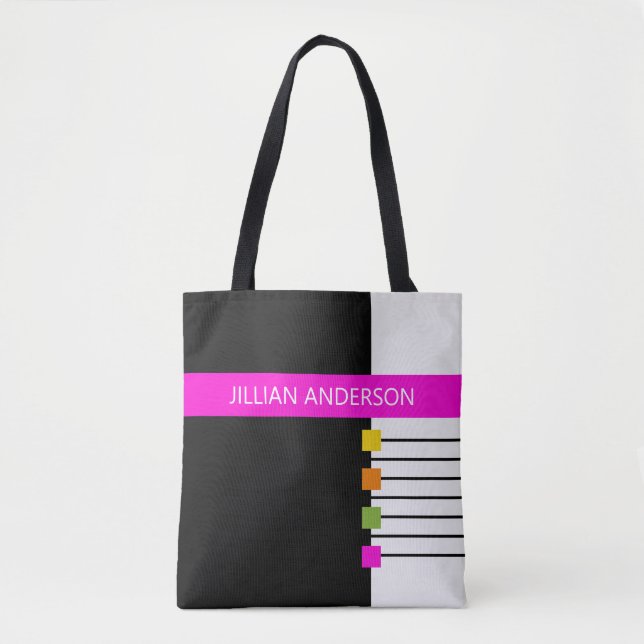 Tote Bag Moderne Monogramme Bloqué de Couleur Rose Noir (Devant)