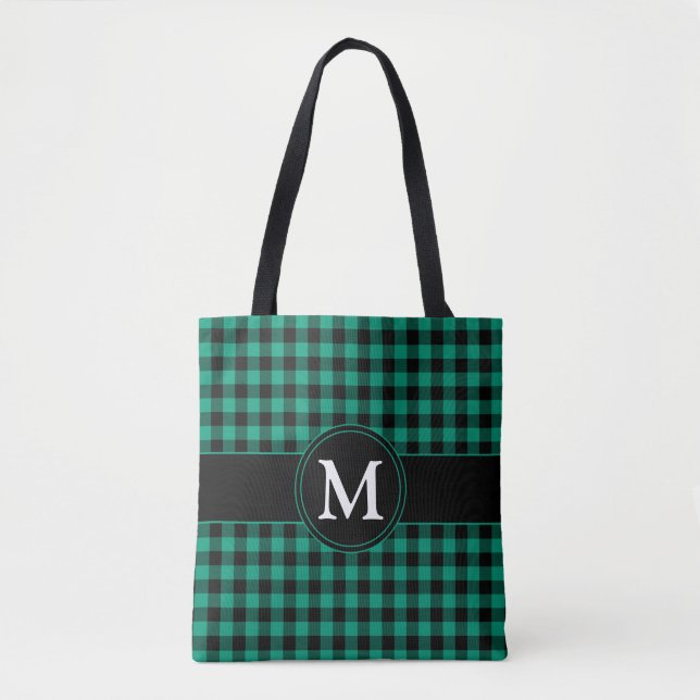 Tote Bag Moderne Monogramme Carreaux Verts  (Devant)