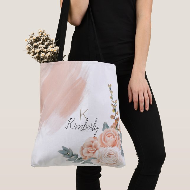 Tote Bag Moderne Monogramme Initial Nom Floral Rose Boho (De près)