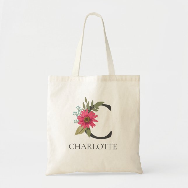 Tote Bag Moderne monogramme personnalisable floral  (Devant)