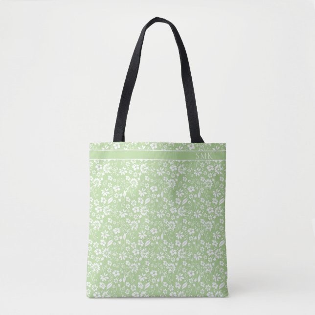 Tote Bag Moderne Pale Lime Vert Fleurs tropicales Monogramm (Devant)
