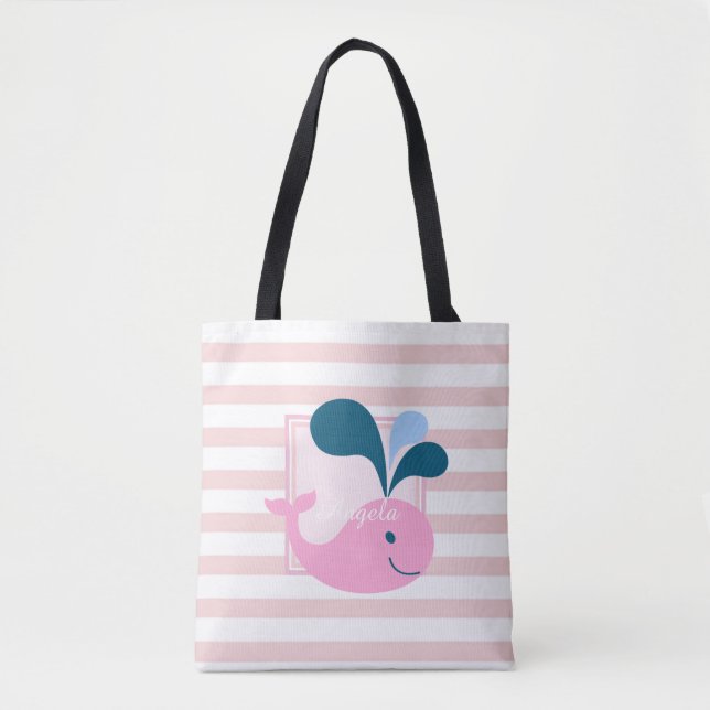 Tote Bag Moderne rayé girly, baleine de dessin animé - Pers (Devant)