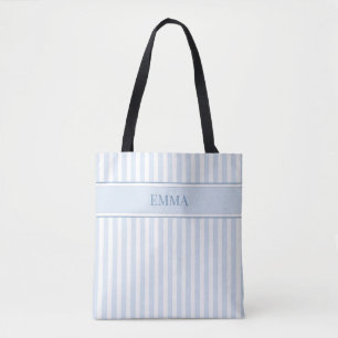 Tote Bag Moderne rayures preppy bleu poussiéreux nom person