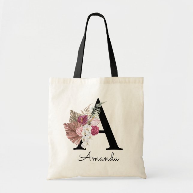 Tote Bag Moderne Rose Boho Féminin Floral Initial A (Devant)