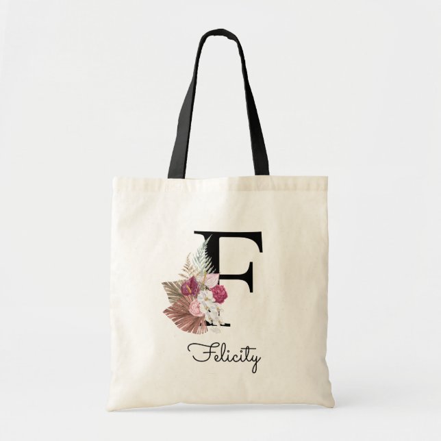 Tote Bag Moderne Rose Boho Féminin Floral Initiale F (Devant)