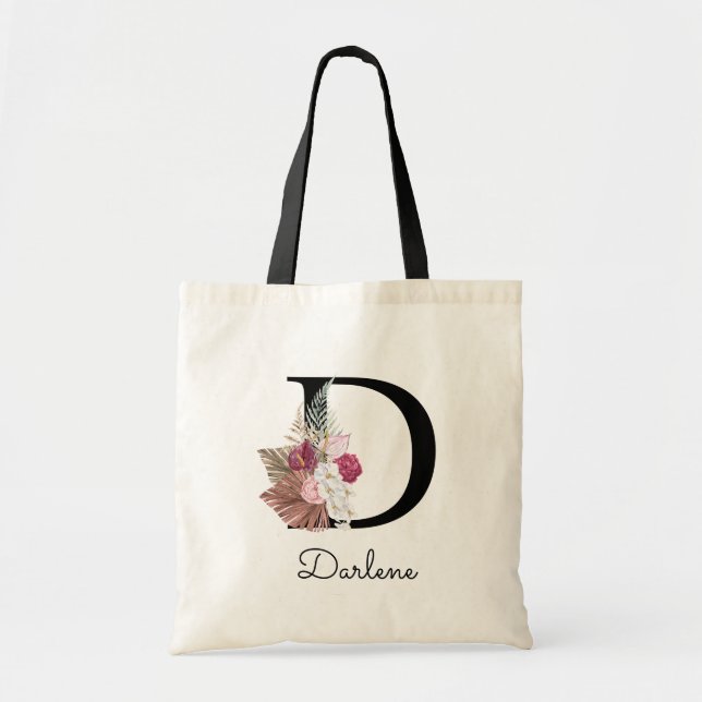 Tote Bag Moderne rose Boho floral initial D (Devant)