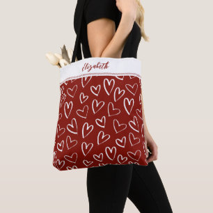 Tote Bag Moderne Rouge Blanc Valentin Coeurs Monogramme