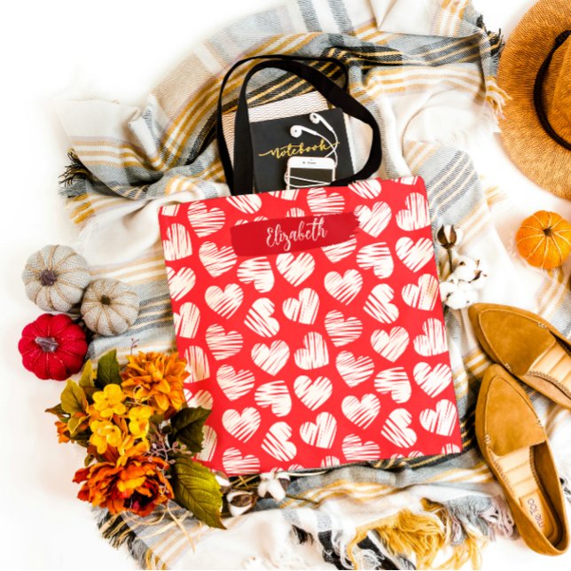 Tote Bag Moderne Rouge et Blanc Doodled Heart Valentine Nom (Créateur téléchargé)