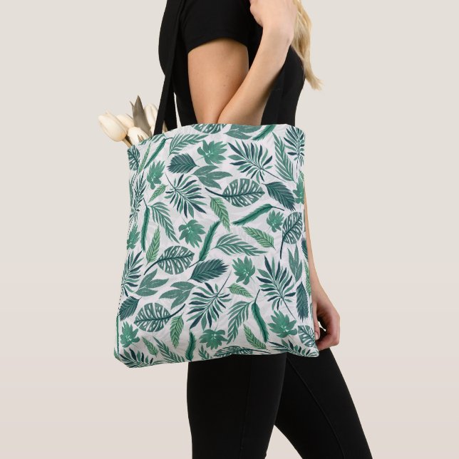 Tote Bag Moderne Vert Turquoise Tropical Feuilles Design (De près)