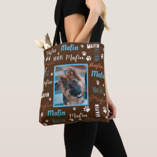 Tote Bag ModernPersonnalisé Photo Noms Chien bleu Brown