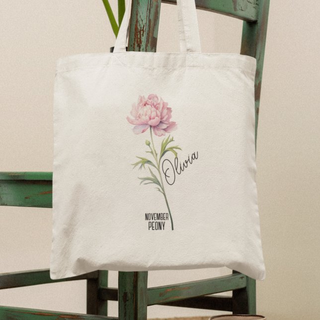 Tote Bag Mois des fleurs de naissance Novembre Peony Nom Sa (Créateur téléchargé)
