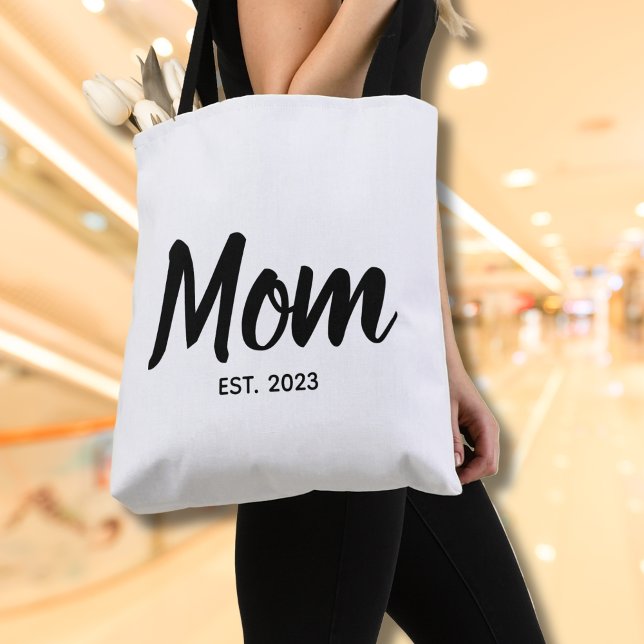 Tote Bag  Mom Established Date Black Script Custom Text (Personalize with year(s).  Matching items available in collection)