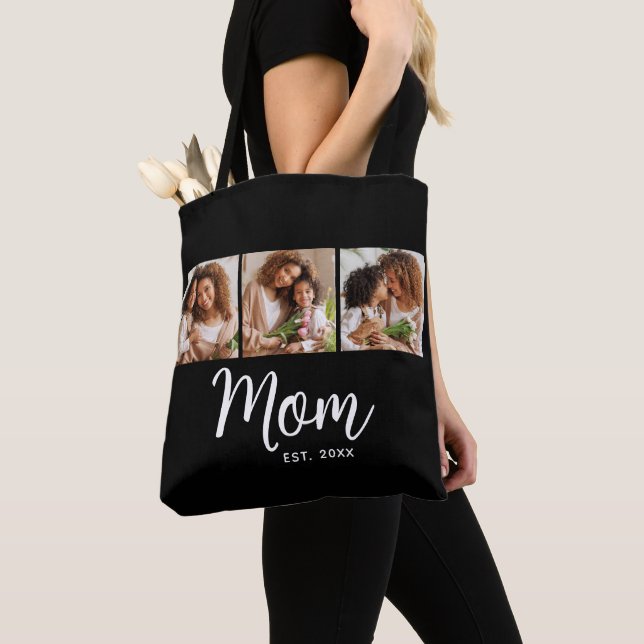 Tote Bag Mom Established Date White Script Black 3 Photo (De près)