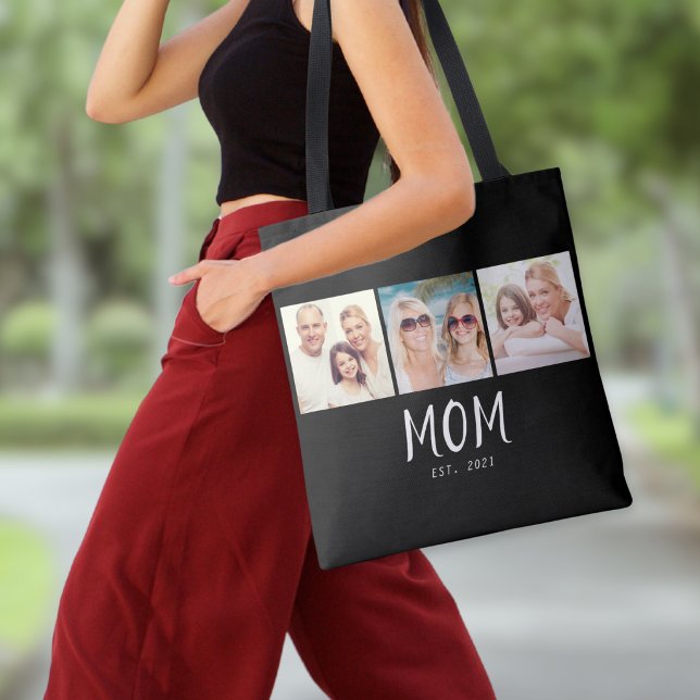 Tote Bag Mom Established Script Black 3 Photo (A stylish tote bag with three photos and customizable "Mom Est. 2021" text in white on black)