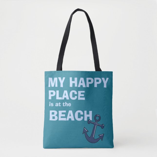 Tote Bag Mon endroit heureux est à la Plage-Plage (Devant)