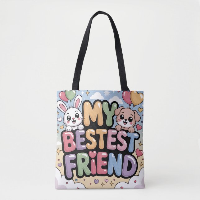 Tote Bag Mon Meilleur Ami Graphique : Lapin et Chiot Mignon (Devant)