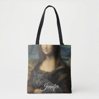 Tote Bag Mona Lisa Holding Elegant Gray Cat                