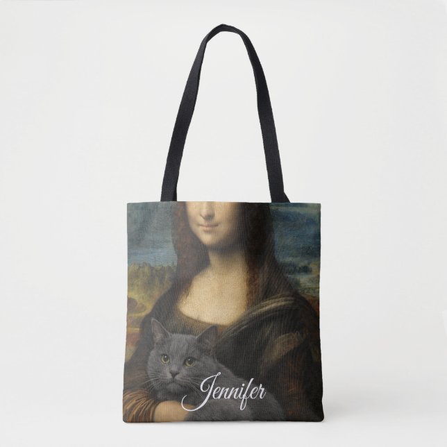 Tote Bag Mona Lisa tenant un élégant chat gris              (Devant)