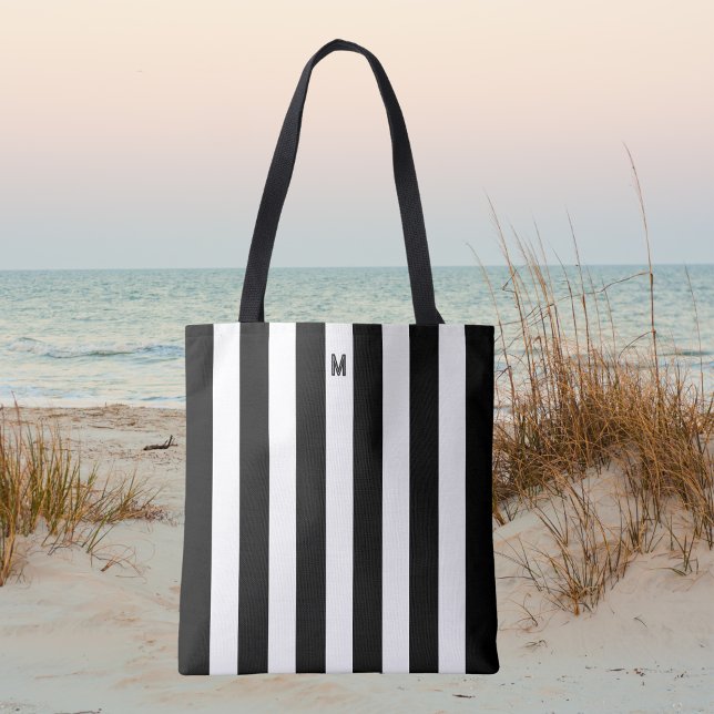 Tote Bag Monochrome noir et blanc Cabana bande Monogramme (Créateur téléchargé)