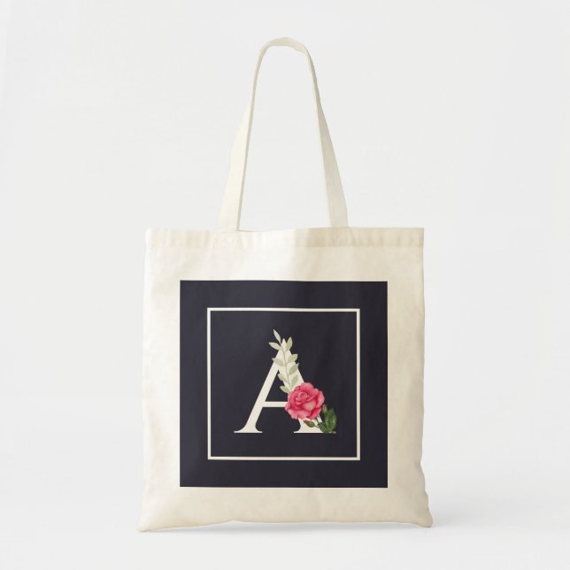 Tote Bag Monogram A in White Pink Rose and Leaves Dark Gray (Devant)