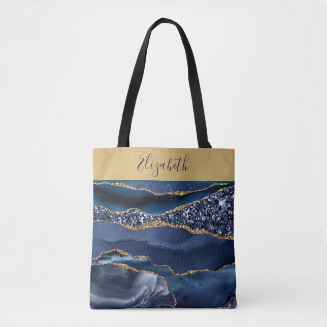 Tote Bag Monogram Blue Gold Parties scintillant Agate Marbr (Devant)