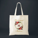 Tote Bag Monogram Bourgogne Florale Gold Bridesmaid<br><div class="desc">Aquarelle Bourgogne Marsala Floral Gold Circle Monogramme Sac fourre-tout de la servante</div>