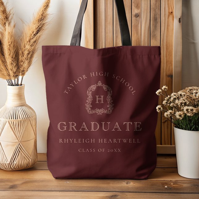 Tote Bag Monogram Crest Burgundy Red Rose Graduation (Créateur téléchargé)