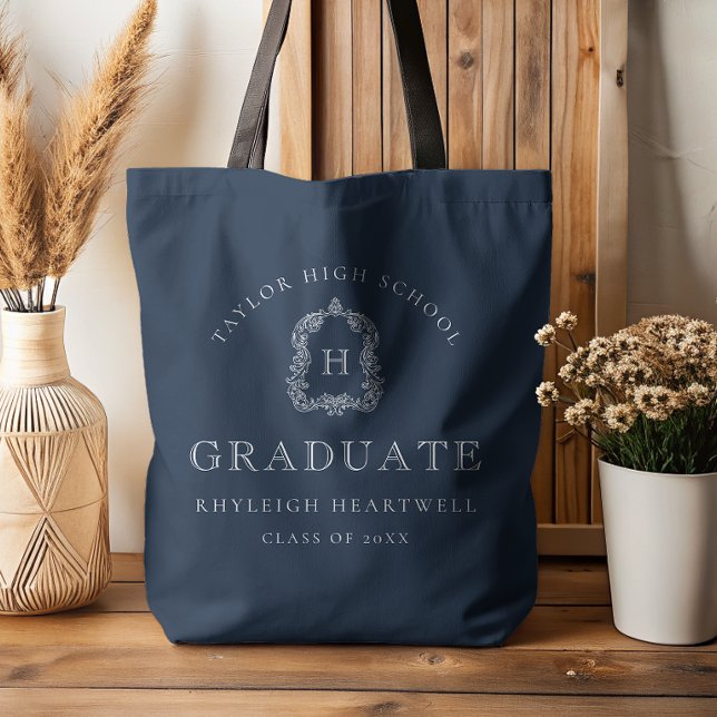Tote Bag Monogram Crest Navy Blue White Graduation (Créateur téléchargé)