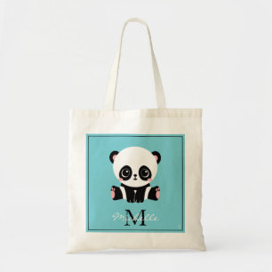 Tote Bag Monogram Cute Panda Personnalisé Bubble Gum Bleu