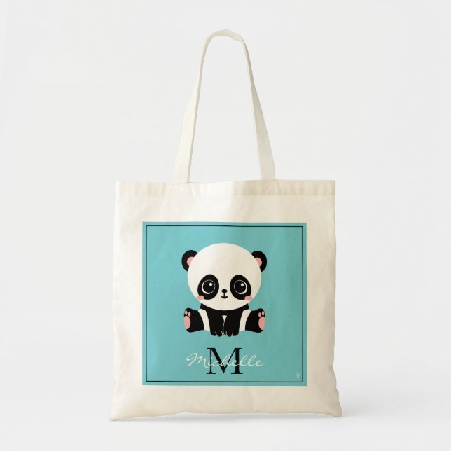 Tote Bag Monogram Cute Panda Personnalisé Bubble Gum Bleu (Devant)