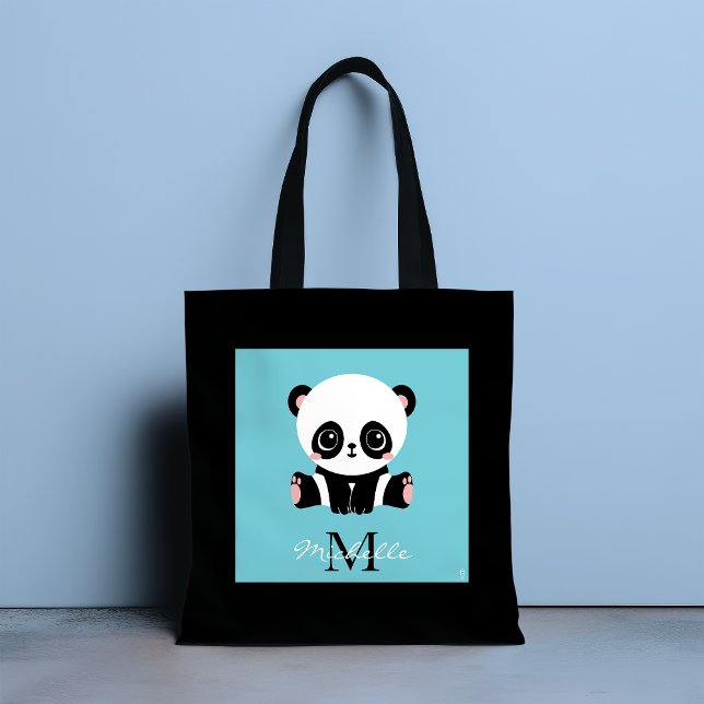 Tote Bag Monogram Cute Panda Personnalisé Bubble Gum Bleu (Créateur téléchargé)