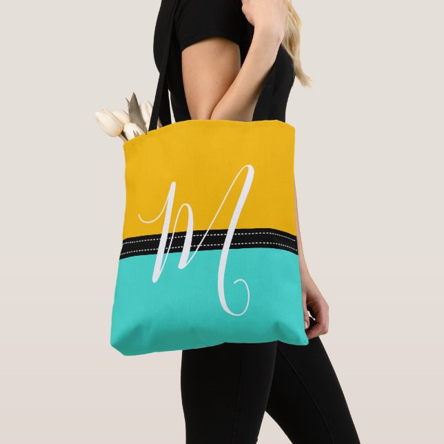Tote Bag Monogram Elegant Turquoise & Amber Solid Color (De près)