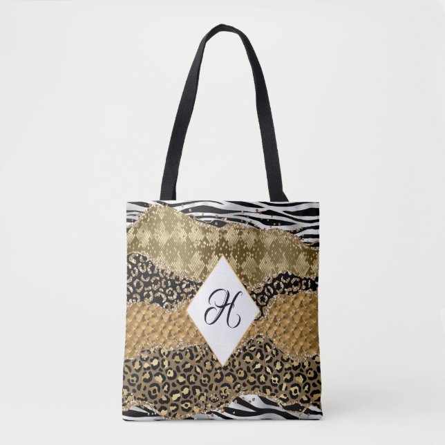 Tote Bag Monogram Gold Black Poster de animal Safari Agate (Devant)
