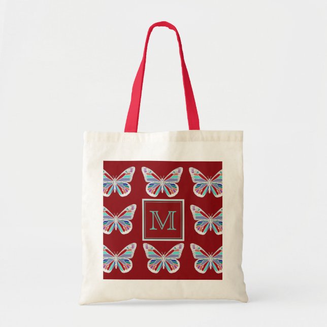 Tote Bag Monogram Jewel Butterflies on Burgundy (Devant)