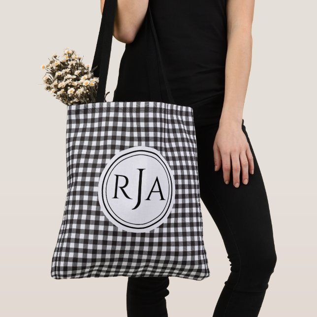 Tote Bag Monogram, Large Black White Buffalo Check 18" (De près)