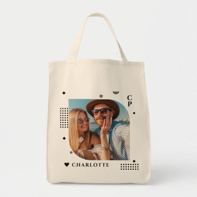 Tote Bag Monogram Name Photo Trendy Simple Modern (Devant)