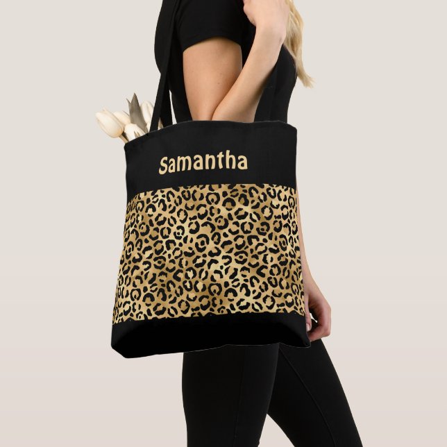 Tote Bag Monogram Or Imprimé Léopard Noir Doré Animal  (De près)