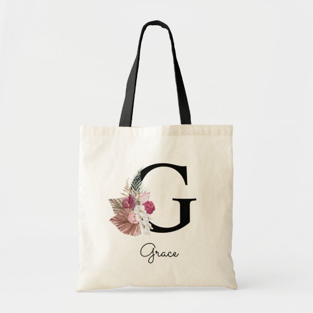 Tote Bag Monogram Pink Boho Girly Floral Initial G (Devant)