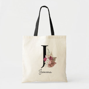 Tote Bag Monogram Pink Boho Girly Floral Initial J