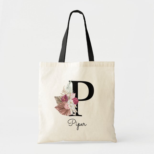 Tote Bag Monogram Pink Boho Girly Floral Initial P (Devant)