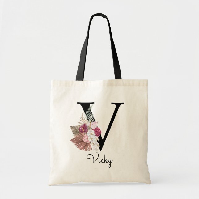 Tote Bag Monogram Pink Boho Girly Floral Initial V (Devant)