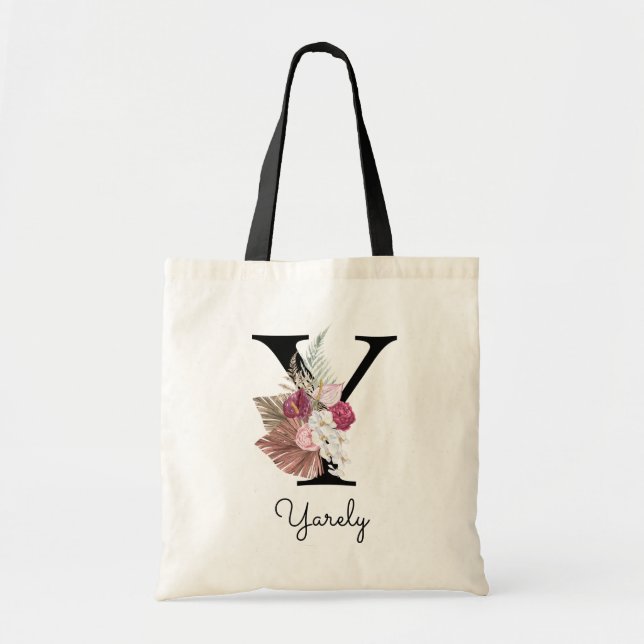 Tote Bag Monogram Pink Boho Girly Floral Initial Y (Devant)